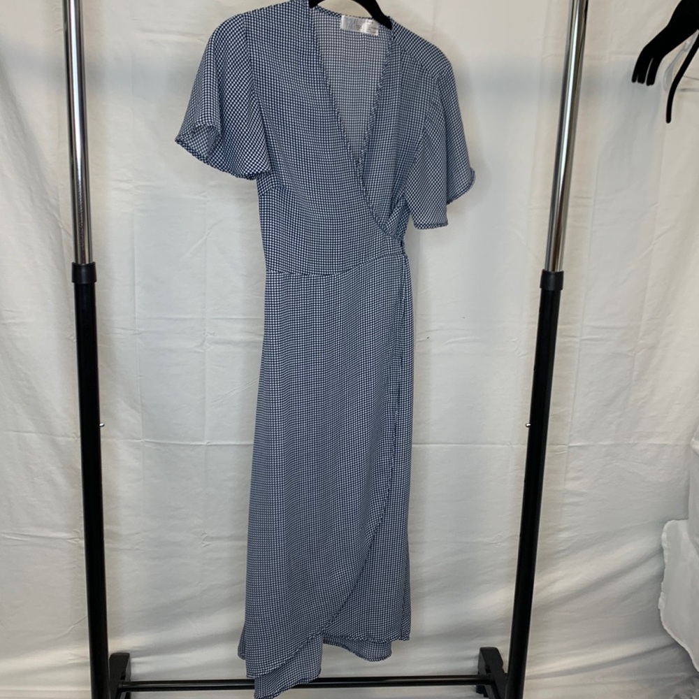 Blue and white gingham wrap dress